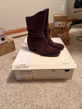 Josef Seibel Dark Brown Suede Mid-Calf Heeled Boots